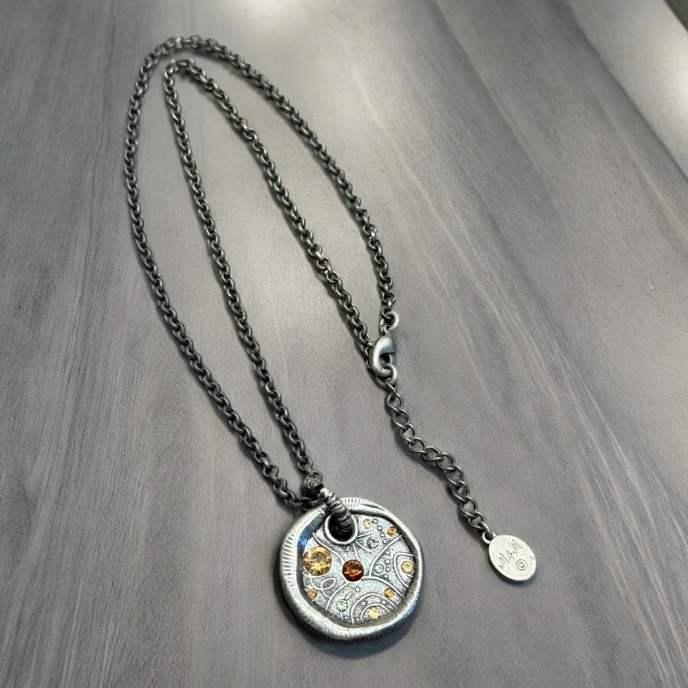 M4M Vintage Antiqued Silver & Rhinestone Celestial Pendant Necklace